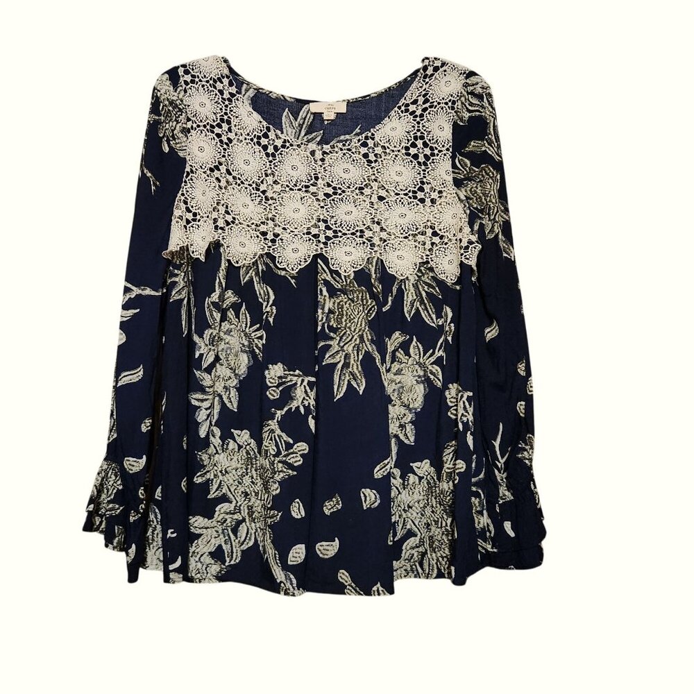 Boho Floral Long Sleeve Top With Crochet Detail Ladies Size Large